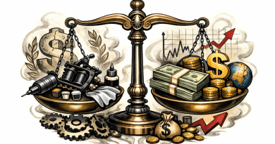 Brass balance scale with tattoo machine and supplies on left tray and stacks of cash, coins, dollar sign, globe, and growth chart on right tray