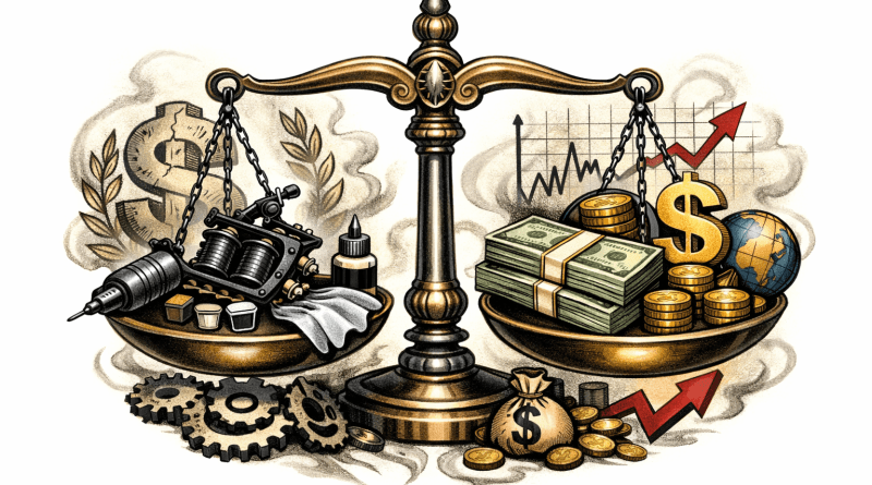 Brass balance scale with tattoo machine and supplies on left tray and stacks of cash, coins, dollar sign, globe, and growth chart on right tray