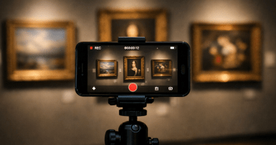 Smartphone recording video of framed paintings in an art gallery on tripod