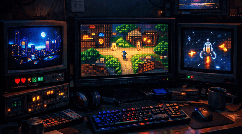 Multiple monitors showing pixel art games in a retro gaming setup with keyboard and mouse