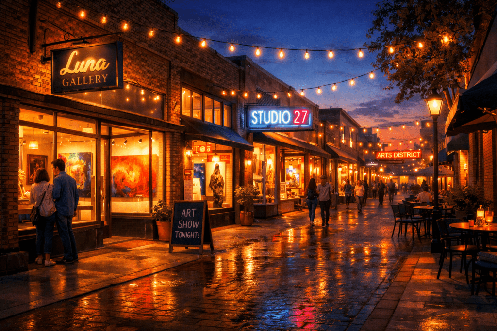 A lively arts district street at dusk with lit gallery signs, string lights, and people walking