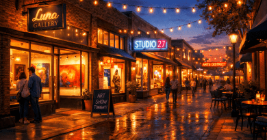 A lively arts district street at dusk with lit gallery signs, string lights, and people walking