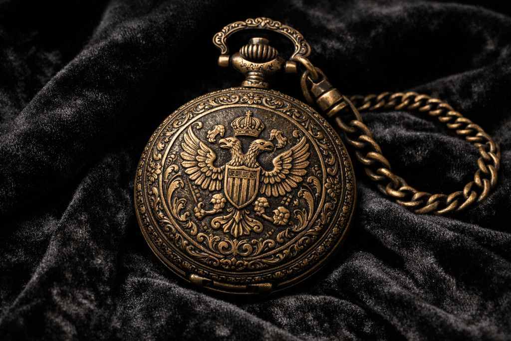 Bronze antique pocket watch with a double-headed eagle emblem on the cover on a black velvet background