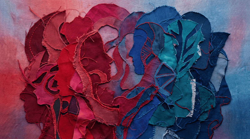 Layered fabric silhouettes of human heads in red and blue colors.