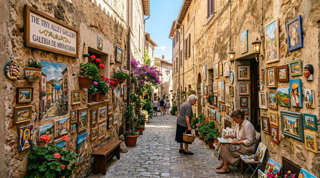 Narrow cobblestone alley lined with walls covered in colorful miniature paintings and flower pots