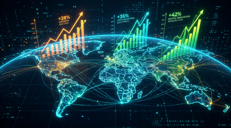 Digital world map with growth charts showing +28% USA growth, +35% Europe tech adoption, +42% China digital innovation