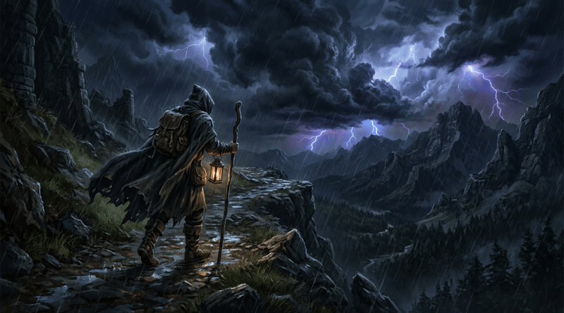 Traveler with lantern walking on a rainy mountain path during a lightning storm