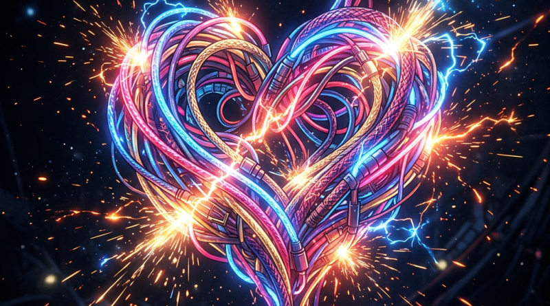 Heart shape formed by colorful glowing electric cables with sparks and light effects