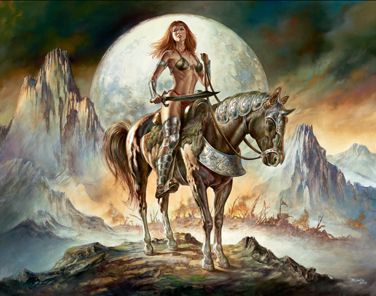 A warrior woman with long red hair, wearing minimal armor, stands confidently on a horse against a moonlit landscape filled with mountains and a smoky horizon.