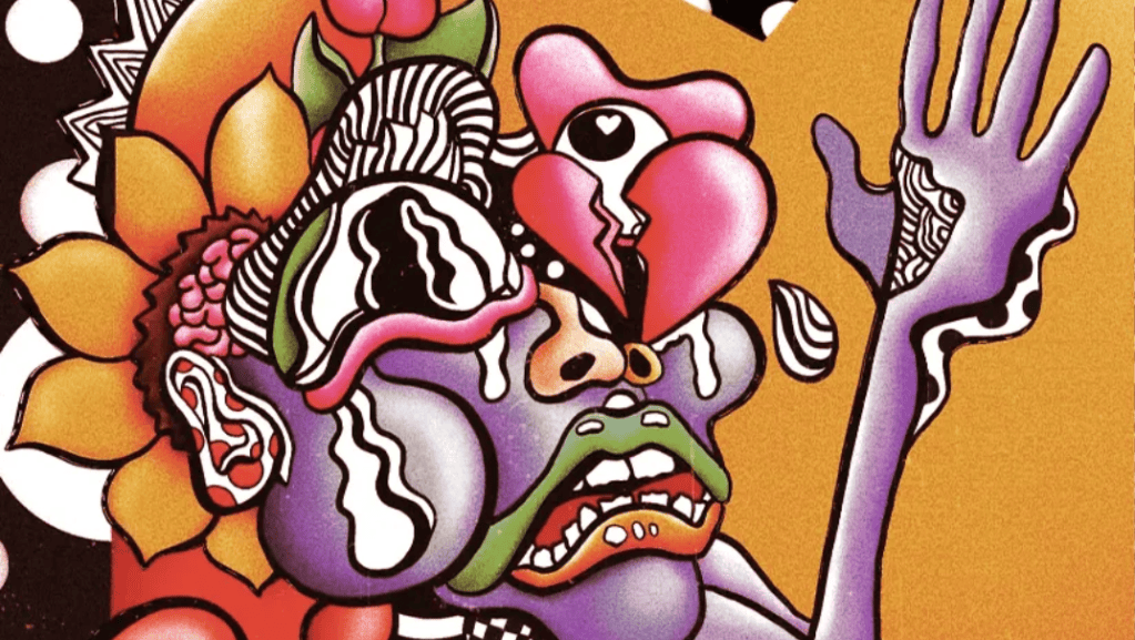 An abstract, colorful illustration of a human-like figure with exaggerated facial features, expressing emotions through vibrant colors and patterns, surrounded by floral elements and abstract shapes.