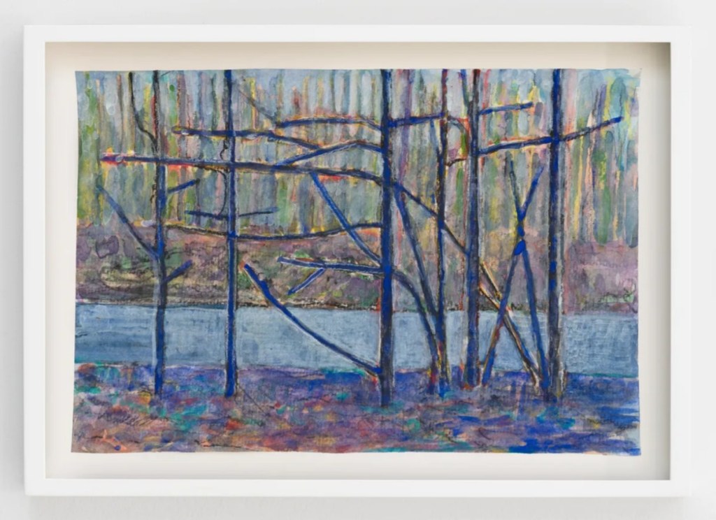 A colorful abstract painting depicting tall trees with a surrounding body of water and soft background hues representing a forest landscape.