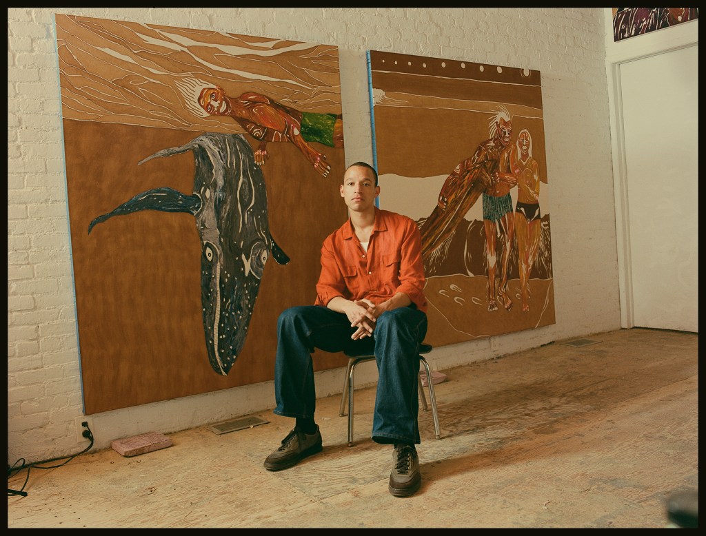 Chase Hall, "Mama Tried" (2025), acrylic and coffee on cotton canvas, 60 x 36 inches. From the exhibition "Momma’s Baby, Daddy’s Maybe" at Galerie Eva Presenhuber, Vienna.