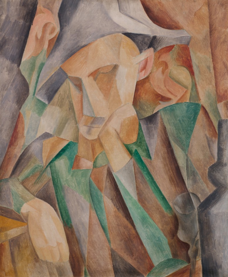 A cubist painting depicting a figure with a hat, featuring geometric shapes and a mix of earthy colors like greens, browns, and beige.