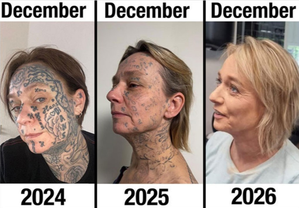 A series of three profile images showing the same woman in December 2024, 2025, and 2026. The first image features her with extensive facial tattoos, the second shows her with reduced tattoos, and the third depicts her with a clean, unmarked face and a new hairstyle.