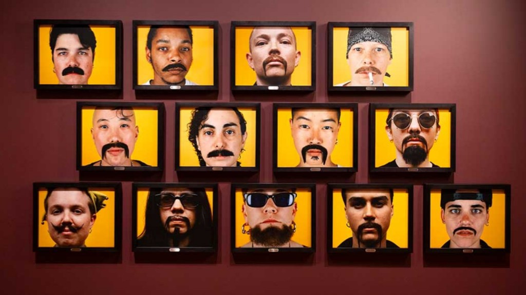 A collage of portraits displaying men with various styles of mustaches, arranged in a grid format with a vibrant yellow background.