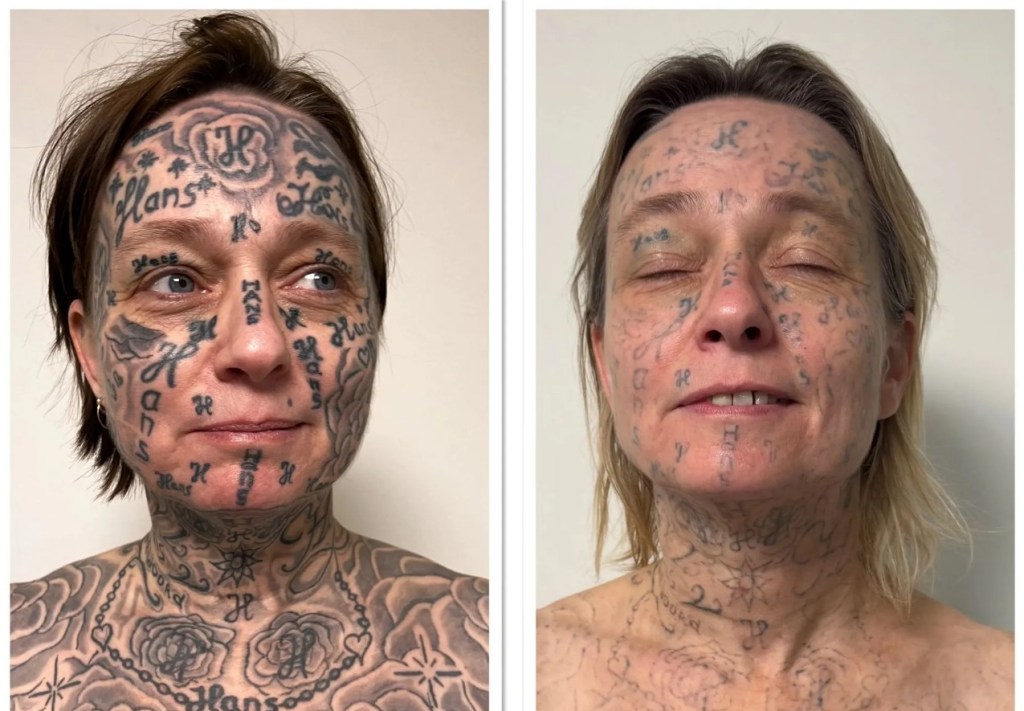 A person with extensive facial and body tattoos, showing various designs and script on their face and neck. The image features two views: one with eyes open and another with eyes closed.