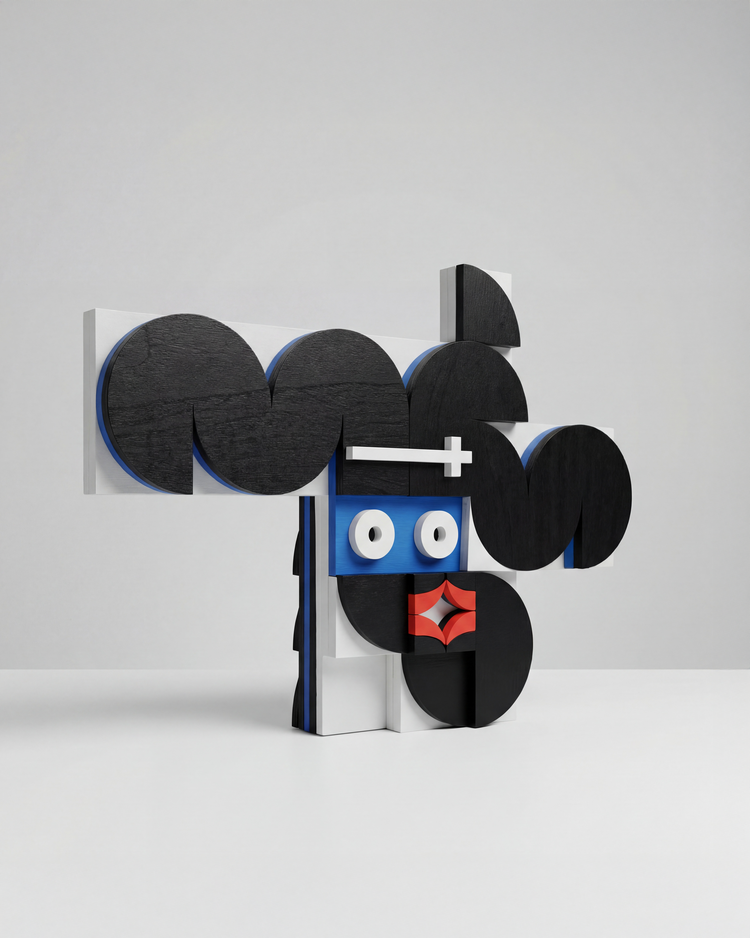 A colorful abstract sculpture composed of various geometric wooden shapes in black, white, and blue, featuring prominent circular forms and a stylized face with expressive features.