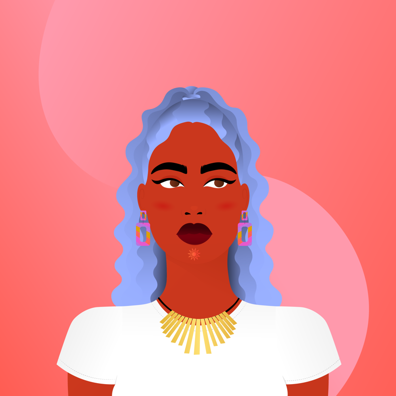 Illustration of a woman with long, wavy lavender hair, wearing colorful hoop earrings and a gold necklace, set against a coral background.
