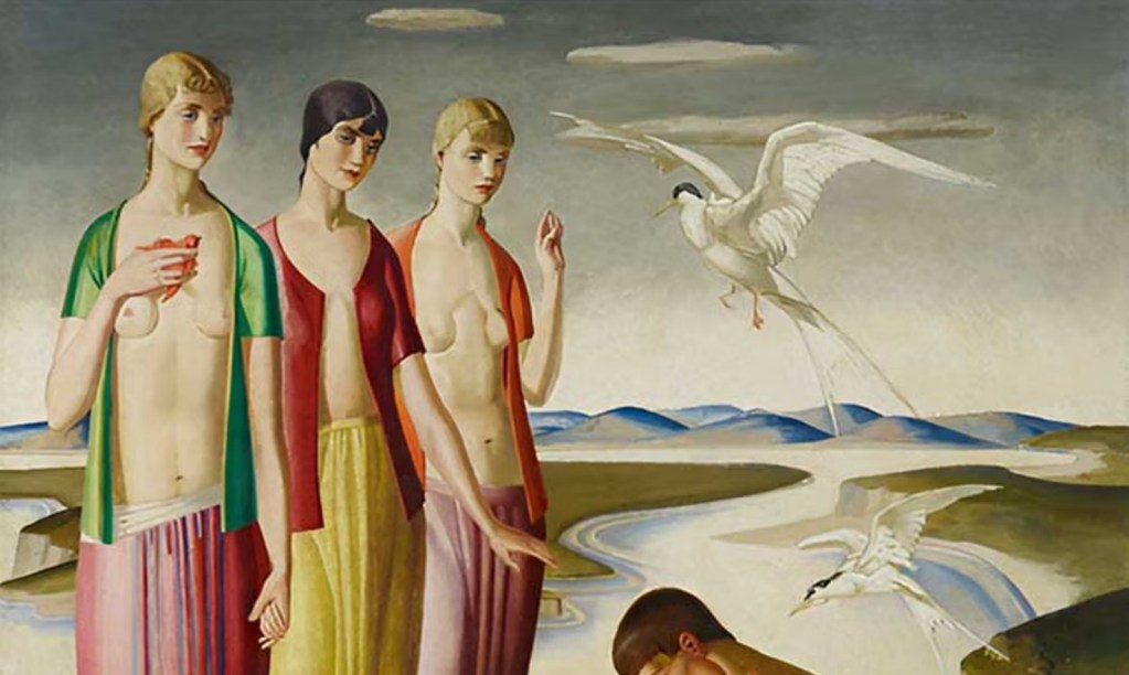 Gladys Hynes, Morning, c. 1915, oil on canvas, modernist painting featuring three ethereal female figures in a symbolic dreamlike landscape with soaring terns, on view at Charleston Lewes exhibition
