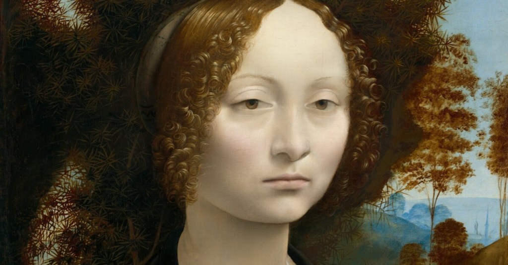 Leonardo da Vinci, Ginevra de’ Benci, c. 1474/1478, oil on panel, the only Leonardo painting in the Americas, National Gallery of Art, Washington DC.

