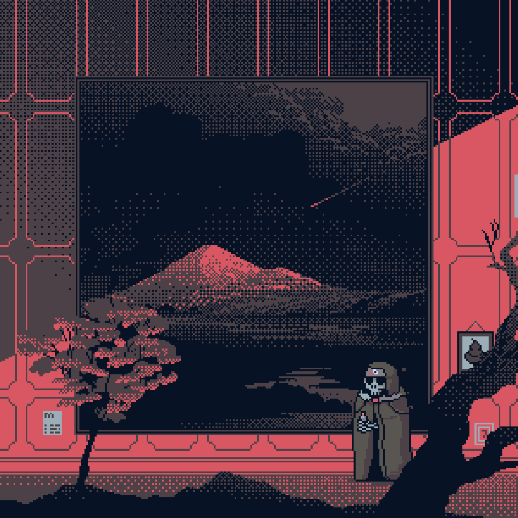 A pixel art scene featuring a cloaked figure standing beside a tree, with a large painting of a mountain landscape in the background. The color palette is dark with shades of pink and blue, creating a moody atmosphere.