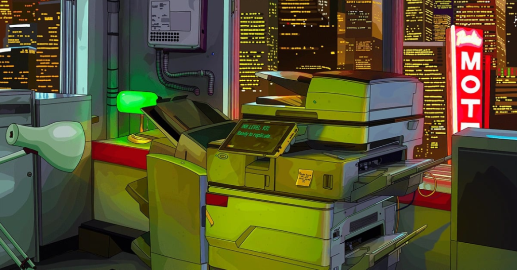 An office space featuring a multi-functional printer and a lamp, with a backdrop of a city skyline illuminated at night and a neon motel sign visible through the window.
