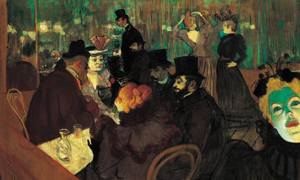 Henri de Toulouse-Lautrec 'At the Moulin Rouge' painting featuring cabaret patrons in top hats and dancers at the famous Paris nightclub, inspiring Art Alive 2026 at the San Diego Museum of Art.


