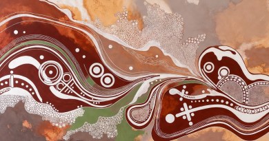 Abstract painting by Aislan Pankararu featuring organic cellular patterns, white body-painting lines, seed forms, and Caatinga-inspired earthy tones in a wide horizontal composition