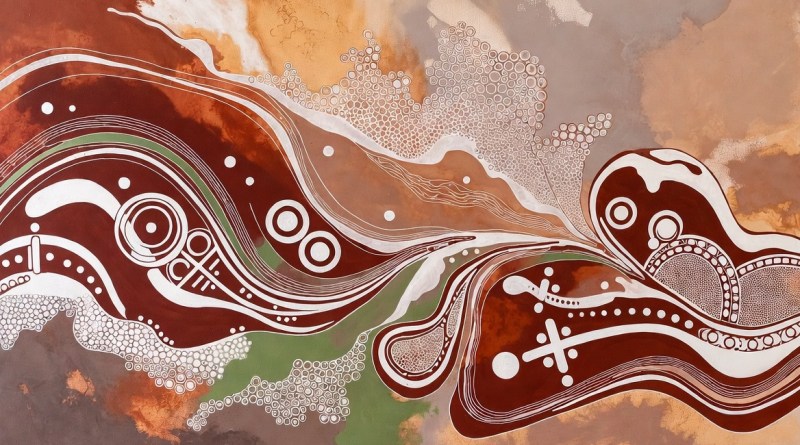 Abstract painting by Aislan Pankararu featuring organic cellular patterns, white body-painting lines, seed forms, and Caatinga-inspired earthy tones in a wide horizontal composition