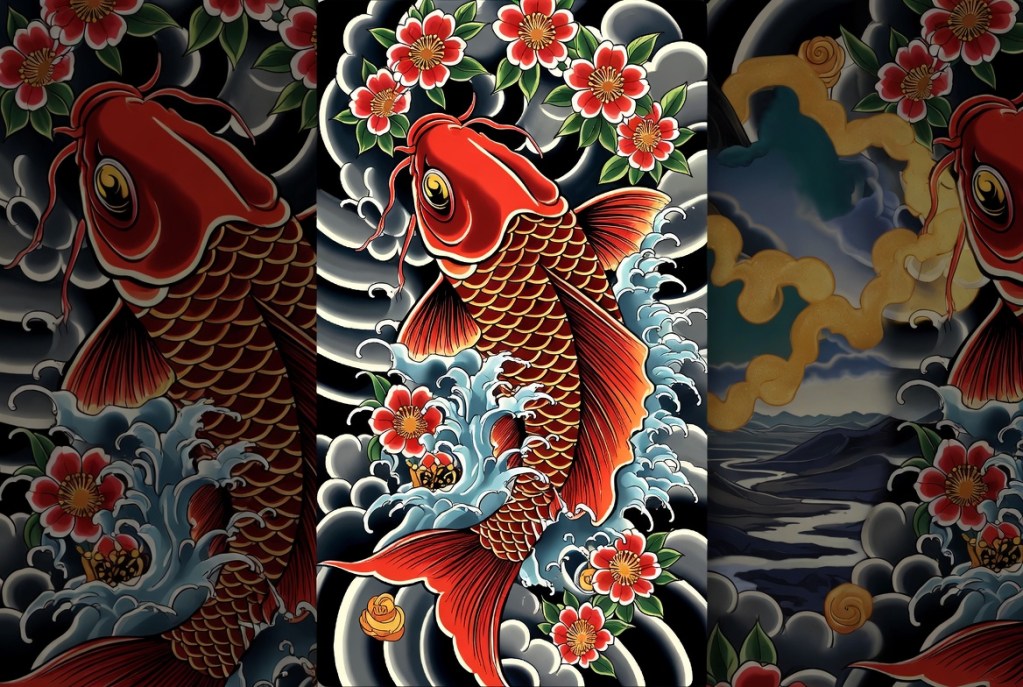A detailed illustration of a red koi fish surrounded by waves and cherry blossoms, featuring a dark background.