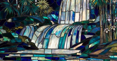 Tiffany Studios Boyd Family Memorial Window (The Falls), 1898 stained glass masterpiece with dramatic foreground waterfall in cobalt blue, emerald, and gold tones