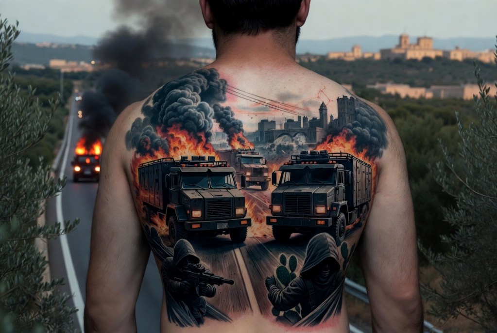 AI-generated cover image for Lecce Tattoo Fest controversy article - dramatic tattoo of February 2026 highway heist on a man's back with Puglia highway background