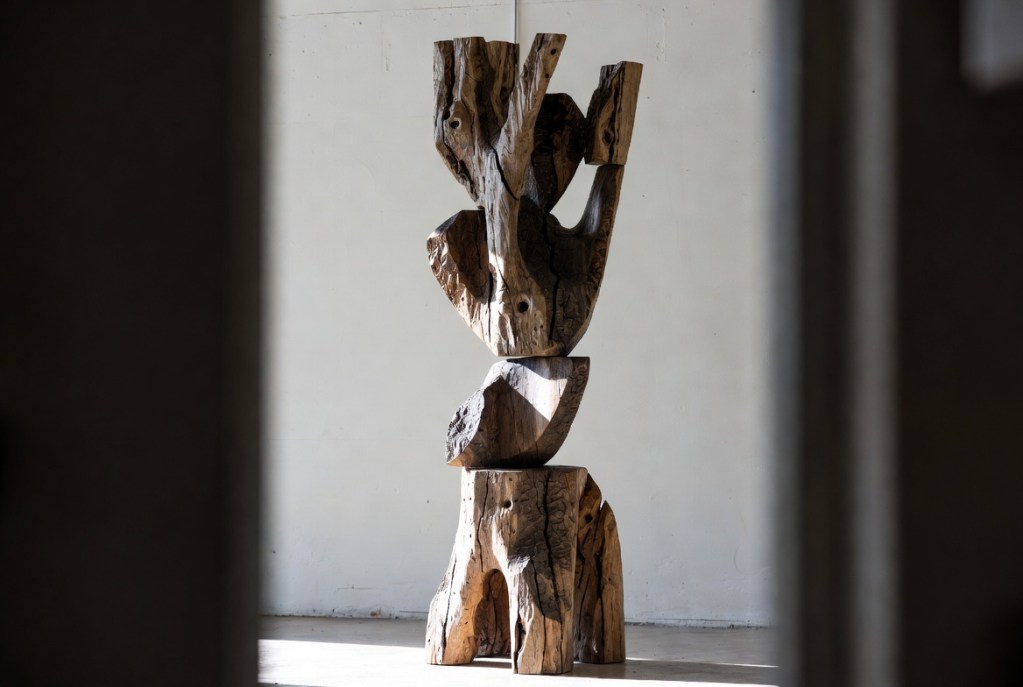 Thaddeus Mosley monumental abstract wood sculpture reclaimed hardwood organic forms