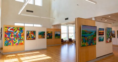 Jefferson City Art Club 2026 member exhibit at Missouri River Regional Library – colorful artworks on display in bright gallery space