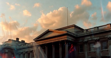 Tate Britain exterior at golden hour with artistic overlays representing The 90s: Art and Fashion exhibition curated by Edward Enninful