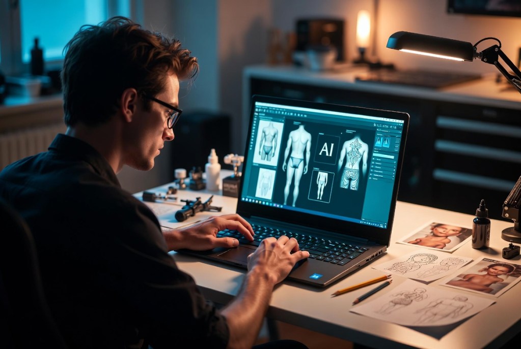 Tattooed male artist sitting at a white desk using a laptop surrounded by traditional tattoo flash designs in a modern studio.
