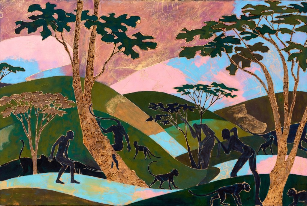 Michael Armitage painting from The Promise of Change exhibition at Palazzo Grassi, Venice, featuring vibrant East African motifs and lubugo bark cloth texture Ai generated image