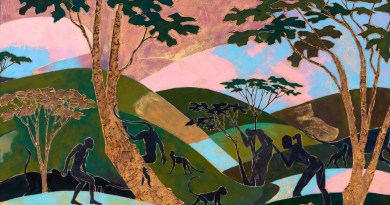Michael Armitage painting from The Promise of Change exhibition at Palazzo Grassi, Venice, featuring vibrant East African motifs and lubugo bark cloth texture Ai generated image