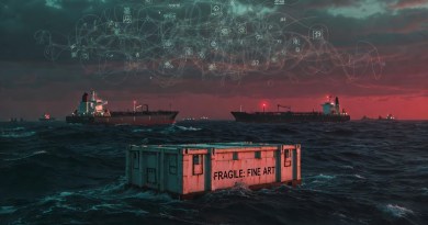 cinematic illustration showing a fragile fine art shipping crate floating on turbulent dark seas amid rerouted oil tankers near the Strait of Hormuz during the 2026 US-Israel conflict with Iran. AI-generated conceptual artwork representing disrupted art logistics, geopolitical tension, and rising freight costs in the global art market.