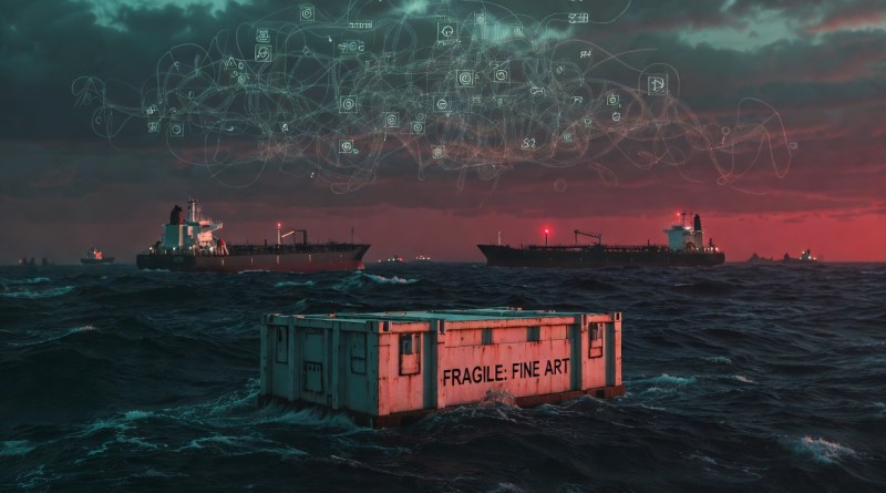 cinematic illustration showing a fragile fine art shipping crate floating on turbulent dark seas amid rerouted oil tankers near the Strait of Hormuz during the 2026 US-Israel conflict with Iran. AI-generated conceptual artwork representing disrupted art logistics, geopolitical tension, and rising freight costs in the global art market.