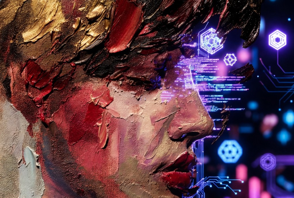 Hybrid traditional and Web3 art fusion showing textured oil paint strokes blending into glowing digital blockchain code and NFT patterns