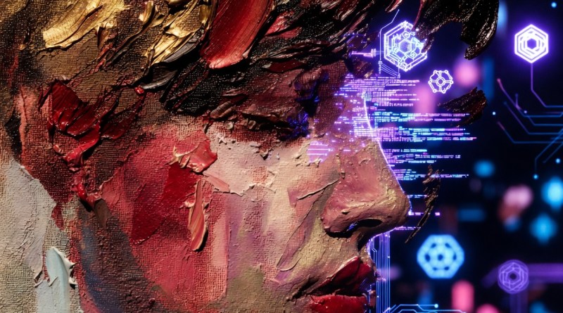 Hybrid traditional and Web3 art fusion showing textured oil paint strokes blending into glowing digital blockchain code and NFT patterns