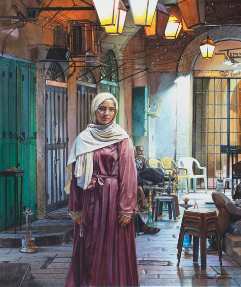 A woman wearing a pink dress and a white scarf stands in a narrow street adorned with lanterns. Behind her are colorful doors and scattered chairs, indicating a lively atmosphere.