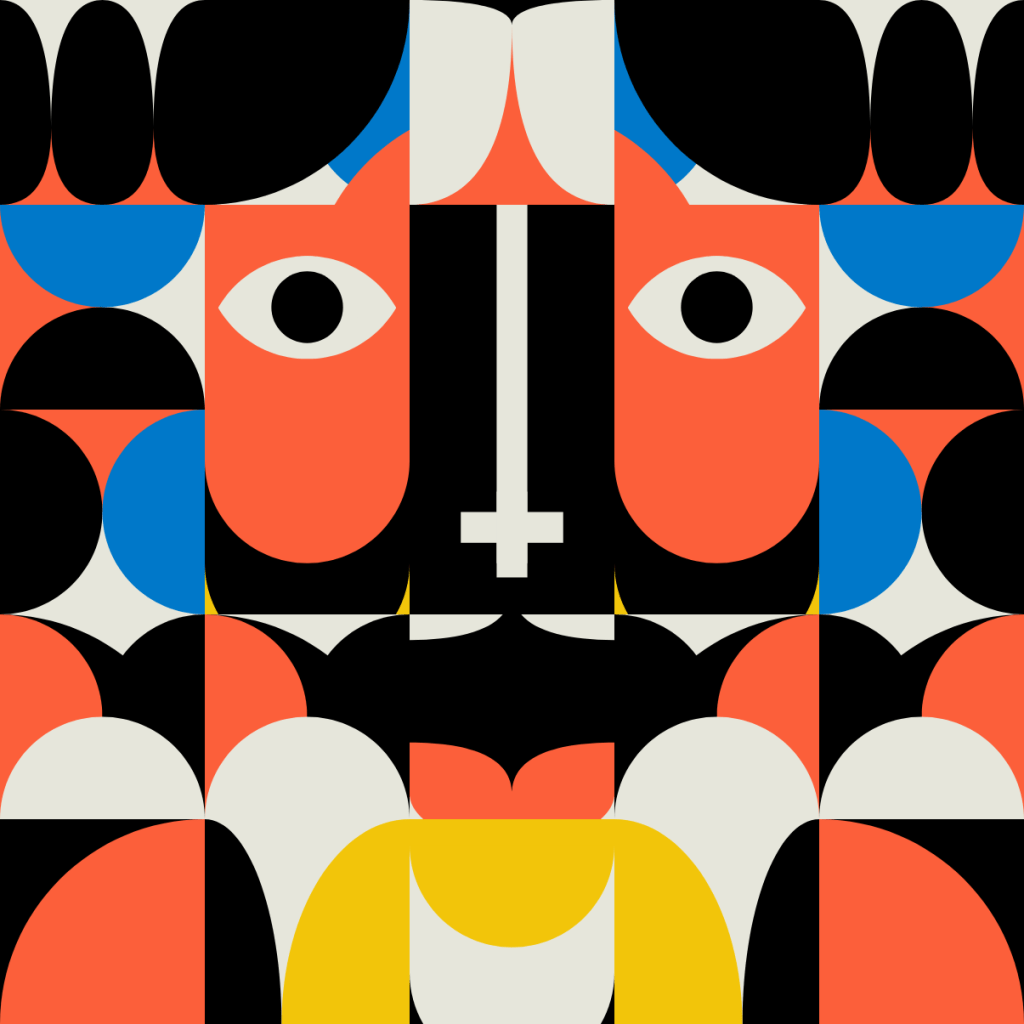 Abstract geometric illustration featuring a stylized face composed of vibrant colors, including orange, black, blue, and yellow, with distinct facial features and patterns.