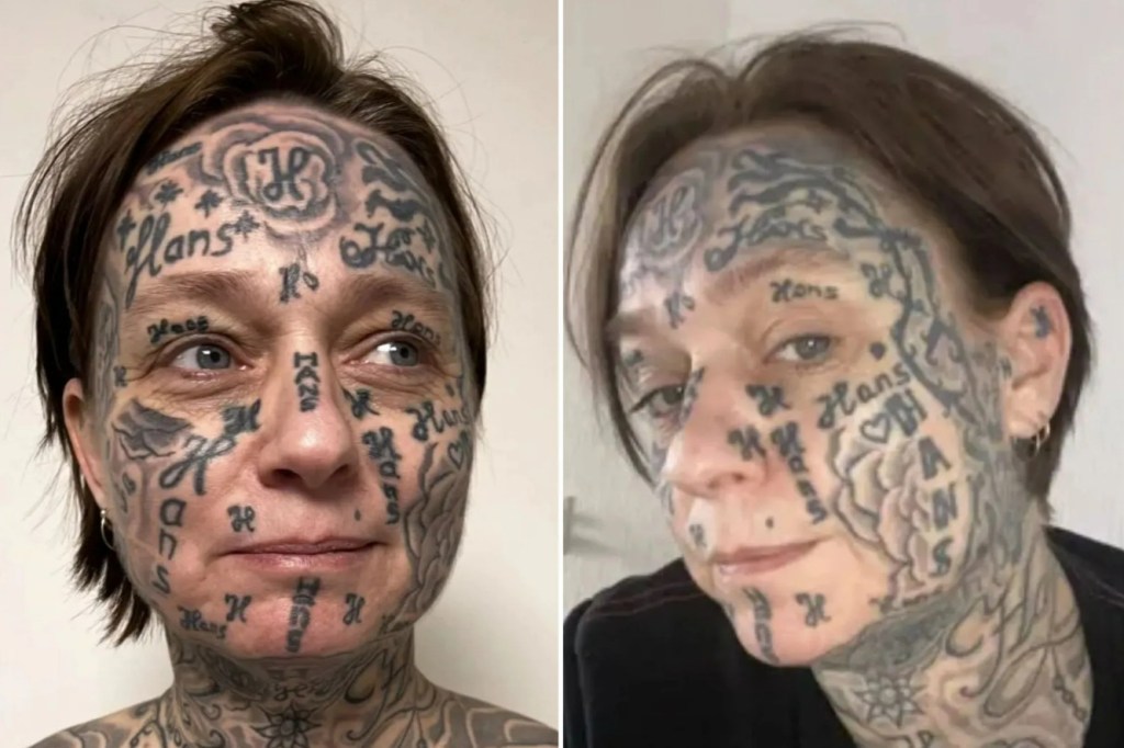 Close-up portraits of a person with extensive facial tattoos, featuring various designs and text, including the name 'Hans' prominently displayed.