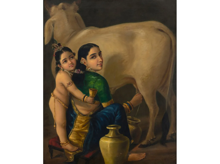 A woman in traditional attire milking a cow while a young child clings to her back, surrounded by pottery and a serene setting.