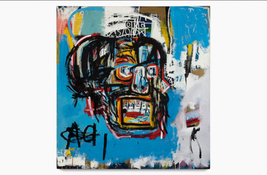 A vibrant abstract painting featuring a large, expressive face with exaggerated features, set against a blue background with splashes of color and graphic elements.