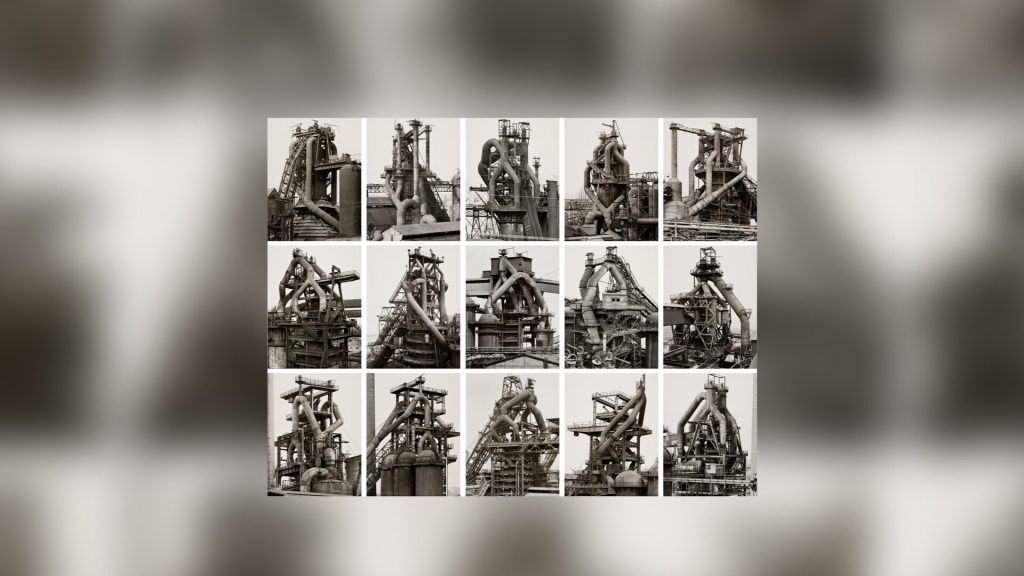 A collage of industrial structures, featuring a series of images showcasing large metal machinery and piping in a factory setting.