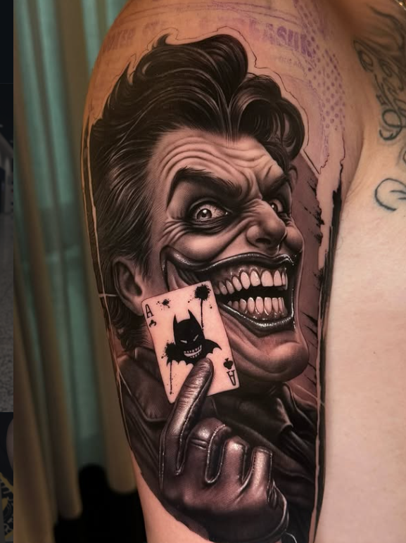A detailed tattoo on a person's shoulder depicting a character with a menacing grin holding a playing card featuring a Batman symbol.