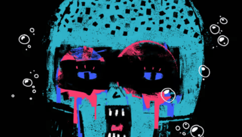 An abstract illustration of a skull with a colorful, distorted design, featuring blue, pink, and black tones, surrounded by bubbles.